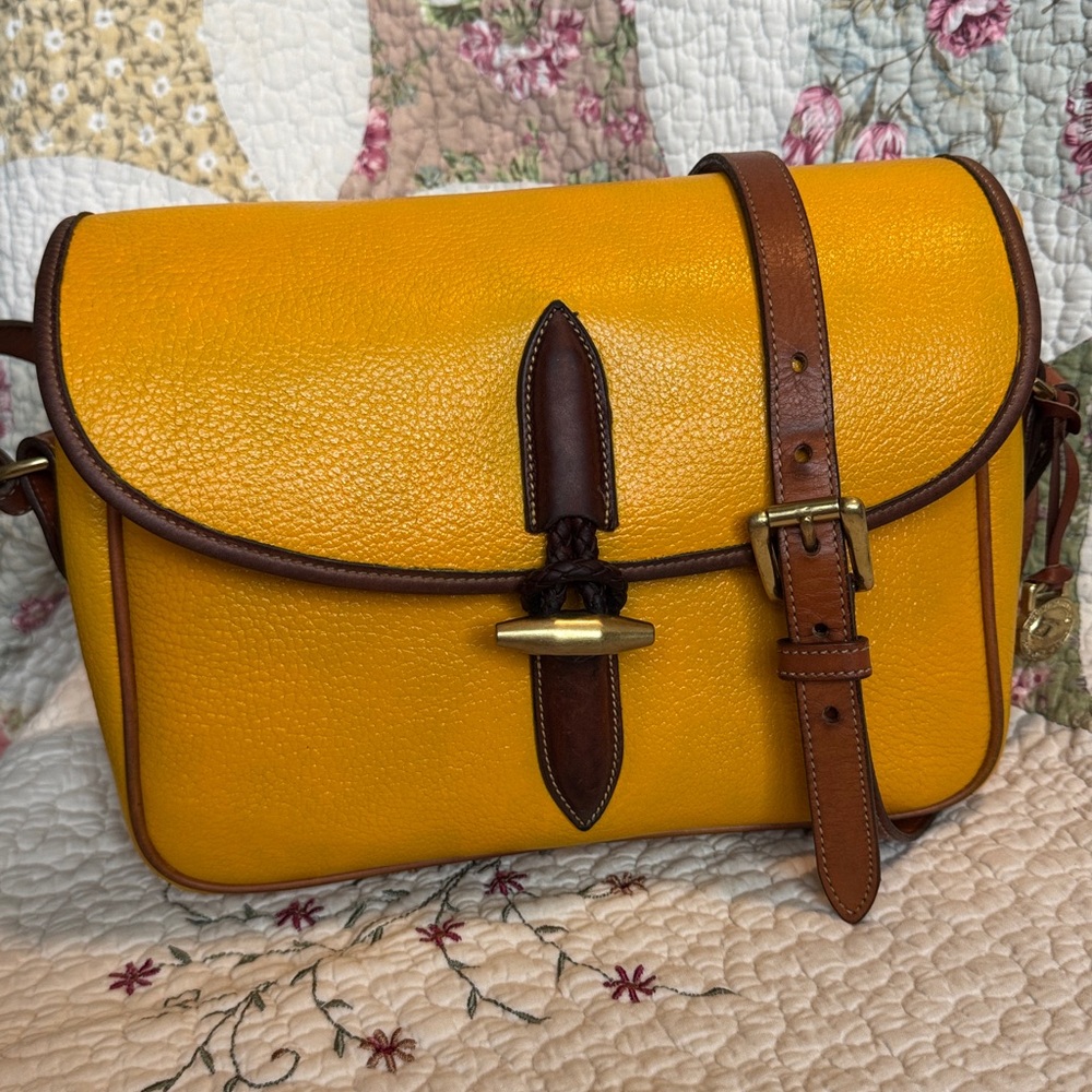 Vintage Dooney & Bourke AWL Goldenrod & British Tan Leather Loden Shoulder Bag